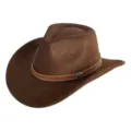Brown suede Western cowboy hat, vintage wide brim fedora with leather band and metal decor. - M (56-58cm) / 19 Badge Leather Band- Brown Suede Hat