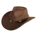 Detailed view of the brown vintage western cowboy hat with leather band and metal conchos. - M (56-58cm) / 20 Badge Leather Band- Brown Suede Hat