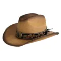 Detailed view of western cowboy straw hat with embroidered band, vintage gradient summer sun hat. - M (56-58cm) / Gradient Khaki