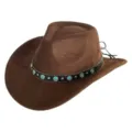 Retro brown suede western cowboy hat with turquoise gemstone band, wide brim jazz cap. - M (56-58cm) / 24 Rivet Color Block Band- Brown Suede Hat
