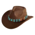 Detailed close-up view of the brown cowboy hat featuring a vintage turquoise beaded band. - M (56-58cm) / 27 Blue Beaded Band- Brown Suede Hat