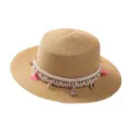 Chapeau de paille ethnique femme chapeau de soleil plage large bord avec pompons - M (56-58cm) / Style Gland Rétro Khaki