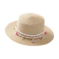 Chapeau de paille style ethnique avec ruban tissé coloré pompons et coquillages plage. - M (56-58cm) / Style Gland Rétro Beige