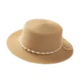 Chapeau de paille kaki avec décor de perles, chapeau de soleil plat pour plage d'été. - M (56-58cm) / Style Perle Artificielle Mode Khaki