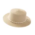 Chapeau de paille plat beige avec bordure tressée de perles pour vacances d'été à la plage. - M (56-58cm) / Style Perle Artificielle Mode Beige