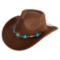 Retro brown suede western cowboy hat with turquoise bead band wide brim jazz fedora for unisex - M (56-58cm) / 29 Classic Blue Beaded Band- Brown Suede Hat