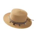 Ethnic style straw boater hat with colorful ribbon geometric band, shell and charm decorations. - M (56-58cm) / Ethnic Pattern Style Khaki