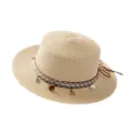 Ethnic straw hat for women and men, summer beach sun protection flat top straw fedora hat. - M (56-58cm) / Ethnic Pattern Style Beige