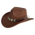 Retro brown suede western cowboy hat with turquoise metal studs for men and women. - M (56-58cm) / 32 Turquoise Badge Band- Brown Suede Hat