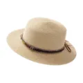 Women flat top straw hat summer beach sun protection hat ethnic style braided band sunhat - M (56-58cm) / Metal Leaf Style Beige