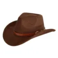 Retro brown suede cowboy hat for men and women wide brim jazz hat with decorative belt - M (56-58cm) / 33 Pleated Leather Band- Brown Suede Hat