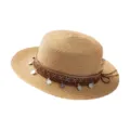 Bohemian ethnic straw hat for women, flat top summer beach sun hat with coin pendants. - M (56-58cm) / Ethnic Pendant Style Khaki