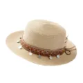 Ethnic style straw hat for women and men, summer beach sun protection flat top boater hat. - M (56-58cm) / Ethnic Pendant Style Beige