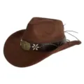 Brown suede cowboy hat with vintage bull skull buckle, wide brim western jazz fedora for adults. - M (56-58cm) / 34 Bull Head Rivet Band- Brown Suede Hat