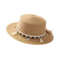 Ethnic straw hat summer beach sunshade hat with shells and tassels for women and men fedora - M (56-58cm) / Shell Style Khaki
