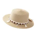 Straw hat with shell tassel band, flat top beach sun hat for summer outdoor travel and daily wear. - M (56-58cm) / Shell Style Beige