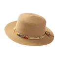 Ethnic flat top straw hat for summer beach sun protection with colorful braided band and tie. - M (56-58cm) / Retro Colored Cord Style Khaki