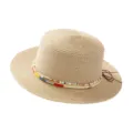 Women men flat top straw hat summer beach sunshade holiday travel ethnic ribbon fedora - M (56-58cm) / Retro Colored Cord Style Beige
