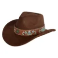 Brown suede western cowboy hat with embroidered floral band and metal concho for men and women - M (56-58cm) / 37 Embroidered Badge Band- Brown Suede Hat
