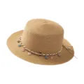 Women flat top straw hat summer beach sun protection hat with colorful shell pendants - M (56-58cm) / Colored Shell Style Khaki