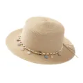 Summer straw boater hat for women men, beach sunshade flat top hat with colorful shell charms - M (56-58cm) / Colored Shell Style Beige