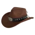 Vintage brown suede cowboy hat with metallic bull head buckle, western retro jazz cap for adults. - M (56-58cm) / 39 Classic Bull Head Band- Brown Suede Hat
