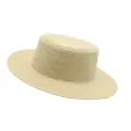 Beige straw boater hat summer beach sun protection flat top hat stylish vacation headwear - M (56-58cm) / Plain Style Beige
