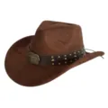 Brown suede cowboy hat with vintage bull skull metal buckle and studded leather band jazz cap. - M (56-58cm) / 43 Vintage Bull Head Band- Brown Suede Hat