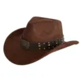 Brown suede western cowboy hat for men women, wide brim retro jazz hat with studded band. - M (56-58cm) / 44 Vintage Eagle Band- Brown Suede Hat