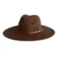Chapeau fedora en daim marron a large bord avec ceinture en cuir et rivets pour homme et femme - M (56-58cm) / Café