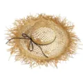 Wide brim raffia straw hat with frayed raw edge and black ribbon bow for summer beach vacation - Hollow Straw Hat