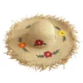Wide brim raffia straw sun hat with colorful floral embroidery and frayed edge for beach summer. - Floral Embroidered Straw Hat