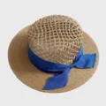 Hollow top woven straw sun hat with elegant blue ribbon bow for beach vacation travel. - M (56-58cm) / Blue Bow Straw Hat