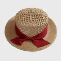 Resort style women straw hat, hollow flat top raffia beach hat with red bow, sun protection. - M (56-58cm) / Wine Red Bowknot Straw Hat