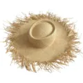 Detailed view of the wide-brim frayed raffia sun hat, perfect for summer beach and vacation styling. - M (56-58cm) / Plain Indented Top Straw Hat / 17cm Brim