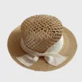 Resort style raffia hollow flat top straw hat with elegant white ribbon bow detail. - M (56-58cm) / Beige Bowknot Straw Hat