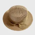 Hollow woven straw hat detail, classic raffia texture, flat top style with khaki ribbon bow. - M (56-58cm) / Khaki Bowknot Straw Hat