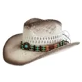Geweven westerse cowboyhoed voor dames, holle strooien zonnehoed met turkooise kralen en verloop. - M (56-58cm) / Groen Kralen - Witte Strohoed