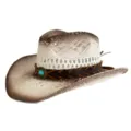 Detailopname van de opengewerkte strooien cowboyhoed met retro gradiënt en turquoise. - M (56-58cm) / Vintage Turquoise Band - Witte Strohoed