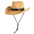 Gedetailleerd overzicht van de strooien cowboyhoed met zwarte band en sterklinknagels. - Pentagram Hoedband Raffia Hoed