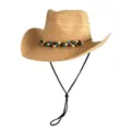 Detail van de stijlvolle strooien cowboyhoed voorzien van prachtige houten kraaldecoratie. - Kleurrijke Houten Kraal Raffia Hoed