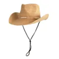 Close-up van de raffia cowboyhoed met parelband en zwarte kinriem, fijne strostructuur. - Driecolig Kralen Raffia Hoed