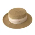 Strodhoed elegante platte strooien hoed zomer strand zonbescherming kaki lint hoed - M (56-58cm) / Metalen Label Beige Geplooide Lint + Khaki Platte Top Strohoed