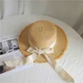 Summer large brim raffia sun hat with elegant bow, perfect for beach vacation and daily wear. - Beige Bow Flat Top Straw Hat