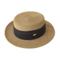 Dames Franse strohoed platte top brede rand strandhoed met zwarte lintvariant stijl - M (56-58cm) / Metalen Label Zwarte Geplooide Lint + Khaki Platte Top Strohoed