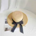 Women summer wide brim fringe raffia sun hat variant, seaside beach vacation sun protection. - Black Bow Flat Top Straw Hat