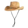 Dames raffia western cowboy zonnehut zomer strand strohoed met kraalband en kinband - Blauwe Houten Kraal Raffia Hoed