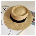 Summer flat top straw hat with black ribbon, wide brim raffia sun hat for beach vacation. - Black Ribbon Indented Top Straw Hat