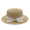 Vrouwen Franse Stijl Platte Strooien Hoed met Beige Strik Zomer Strand Zonnehoed - M (56-58cm) / Beige Strik + Khaki Platte Top Strohoed
