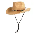 Close-up detail van de geweven strooien cowboyhoed met kleurrijke kralen en verstelbare kinband. - Blauwe Kralen Raffia Hoed